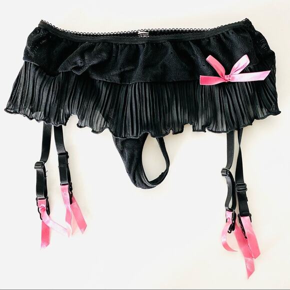 NEW VS VICTORIAS SECRET Black Pink  Accordian Sheer Ruffle Garter Belt Thong S - Picture 1 of 5